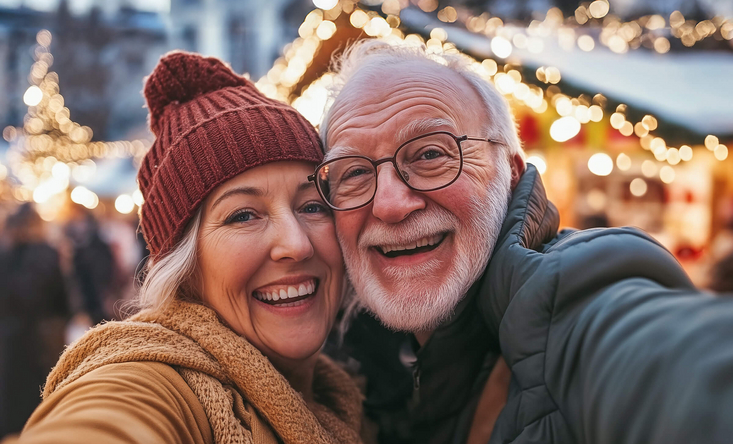 Ein älteres Paar macht lächelnd ein Selfie auf dem Weihnachtsmarkt