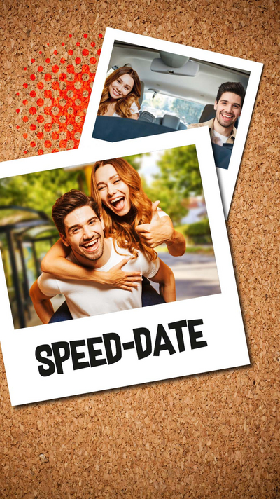 Polaroid von Mia und Elias an der Bushaltestelle, darunter steht "Speed-Date".